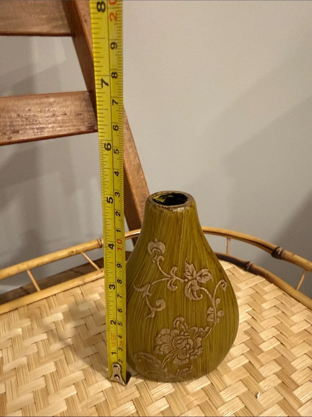 Vintage Faux Wood Grain Ceramic Vase Set Brown & Olive Green Gold Floral Boho MC